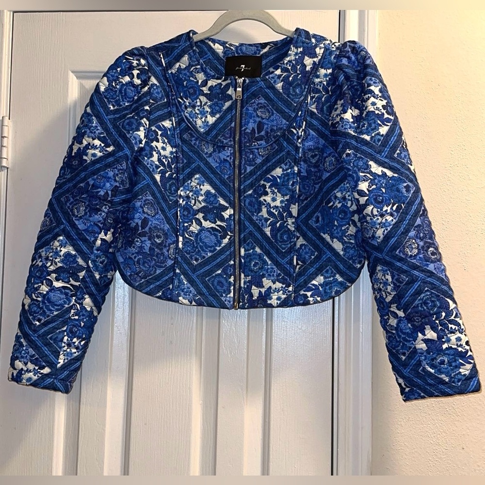 7 For All Mankind Blue Floral Quilted Jacket